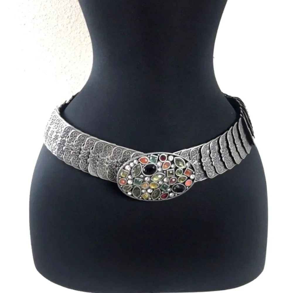Vintage Rectangle Elastic Metal And Rhinestone 80s,Belts